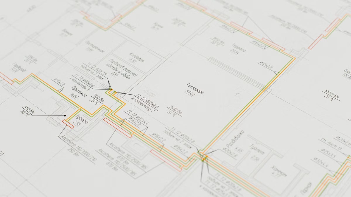 Close-up of a detailed architectural blueprint showing design plans on a desk. Ideal for construction and design concepts.